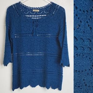 Lucky Brand size L crochet 3/4 sleeve top blue tassel scalloped bohemian beach